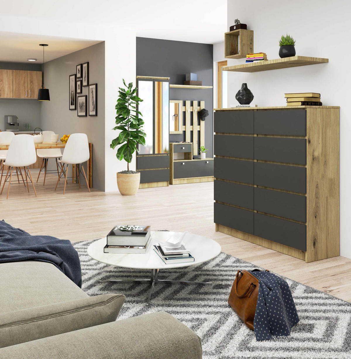 KOMMODE Eiche Artisan, Grau 120x40x121 cm - Eiche Artisan/Grau, Holzwerkstoff (120/121/40cm) - Akord