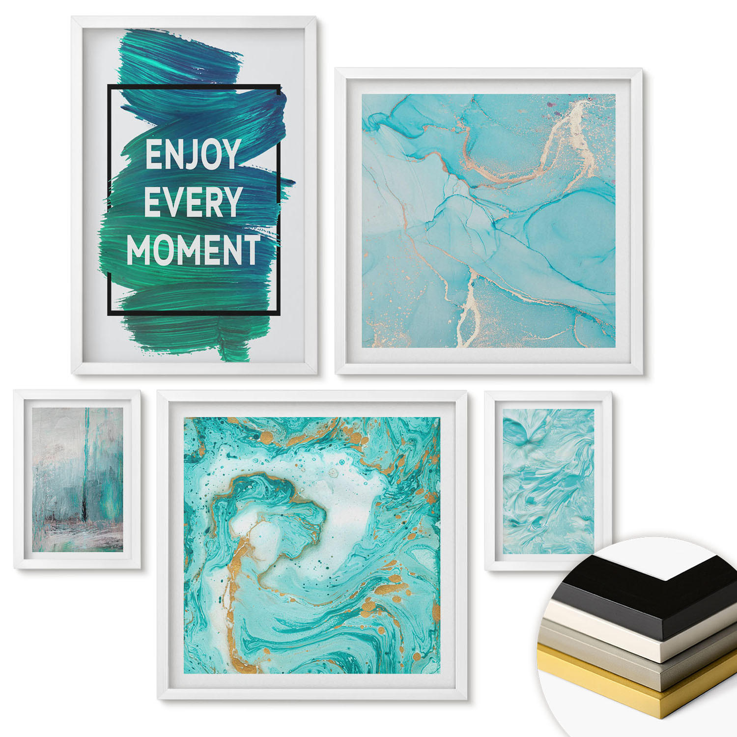 WANDBILDER 5er-Set - 50x50 cm & 20x30 cm & 40x60 cm Weißer Rahmen - Farbenfrohe Abstraktionen, Gesichter, Formen - Weiß, Kunststoff (40/60cm) - ArtPrintCave