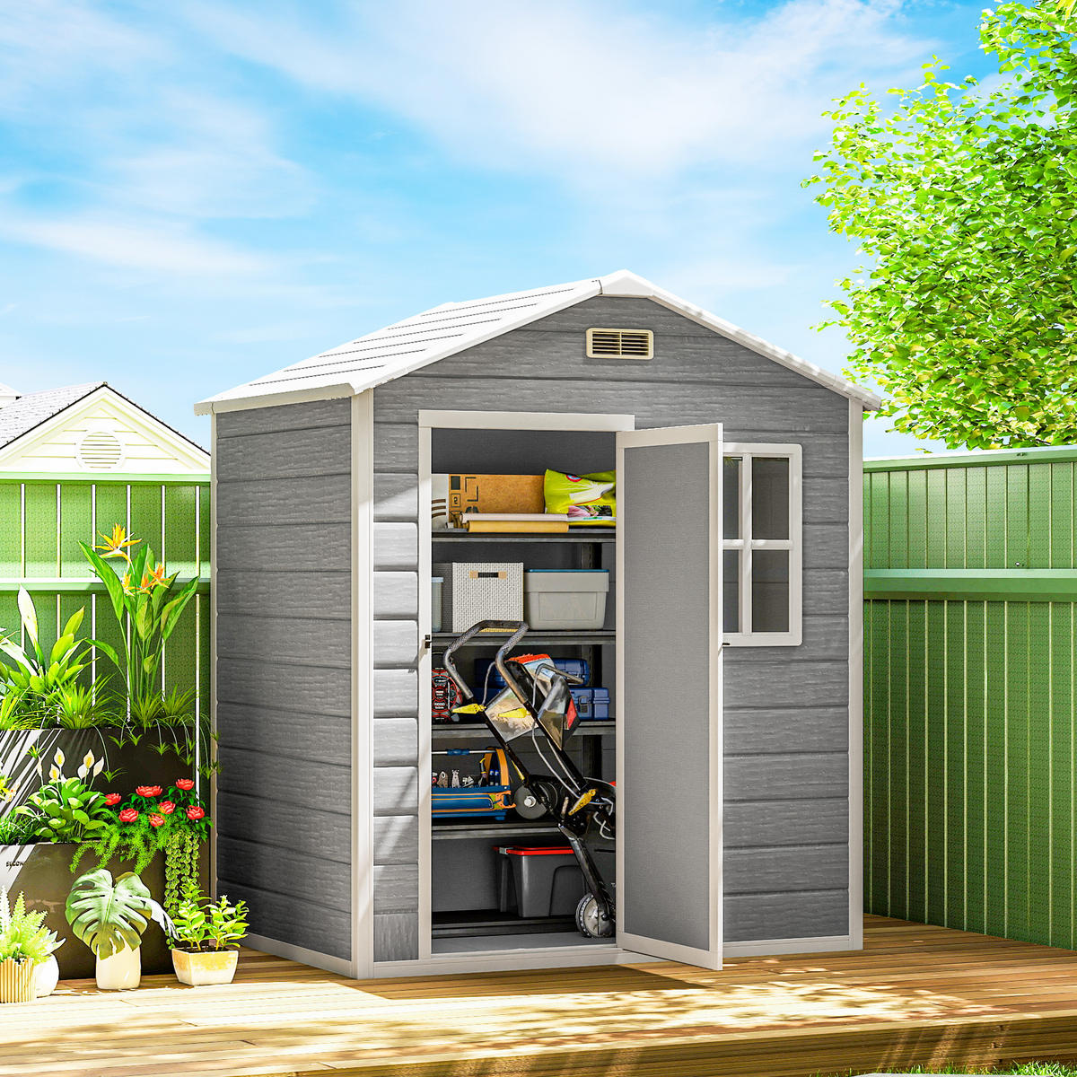 GERÄTEHAUS 1,9m² 182 x 121 x 200cm Geräteschuppen mit Satteldach Boden - Grau, Kunststoff (121/200/182cm) - Outsunny