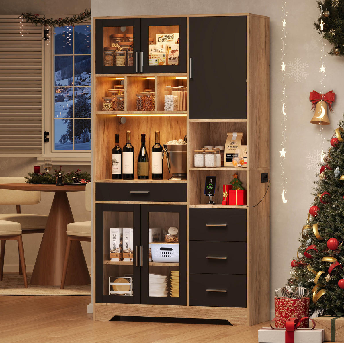 BUFFETSCHRANK 40/100/185 cm mit LED-Beleuchtung, Steckdose und verstellbaren Einlegeböden, Schwarz/Natur - Schwarz, Holzwerkstoff (100/185/40cm) - Redom