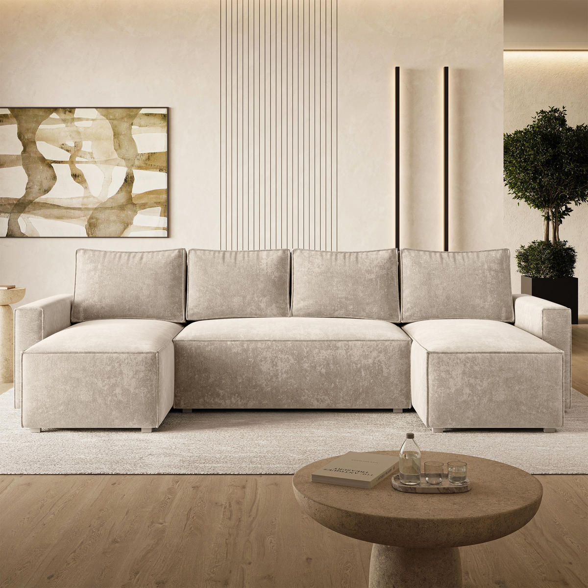 WOHNLANDSCHAFT ASPRA LM Creme Chenille mit Schlaffunktion - Creme, Holz (295/85/140cm) - MASSENO