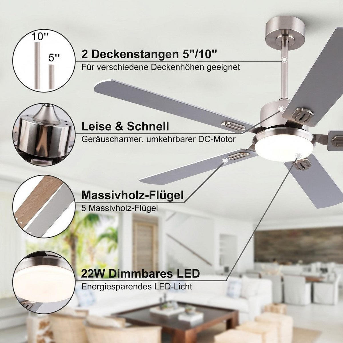 DECKENVENTILATOR mit LED-Licht 3 Farben und Fernbedienung DC-Motor - Silberfarben, Metall (132/132/46cm) - BEXEVUE