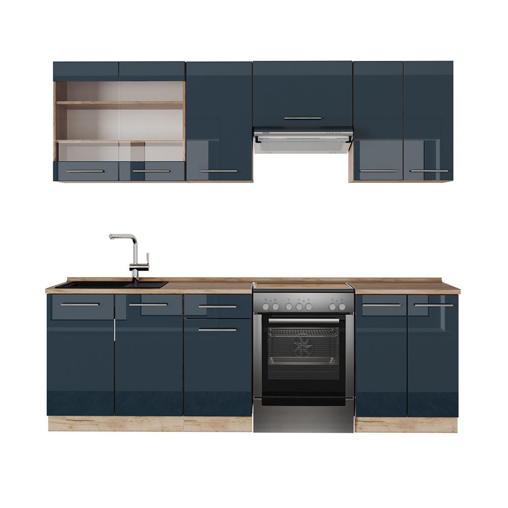 KÜCHENZEILE Fame-Line Dunkelblau Hochglanz/Goldkraft Eiche 240 cm AP Eiche - Eiche Wotan/Dunkelblau, Holzwerkstoff (240/81.6/60cm) - Vicco