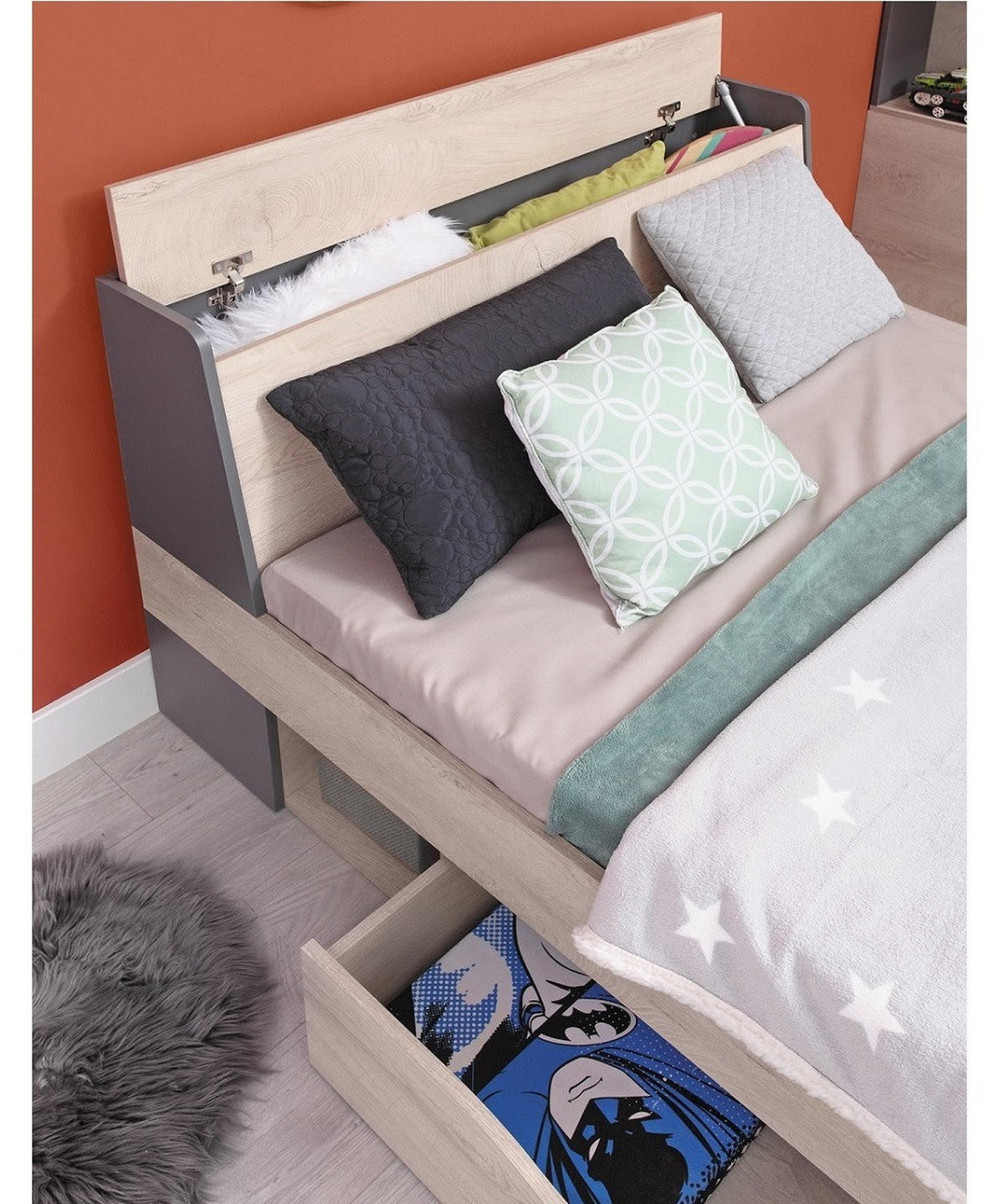JUGENDZIMMER Davis Set B mit Bett 120 x 200 - Eiche / Anthrazit - Eichefarben/Anthrazit, Holzwerkstoff (124/85/230cm) - QMM TraumMöbel