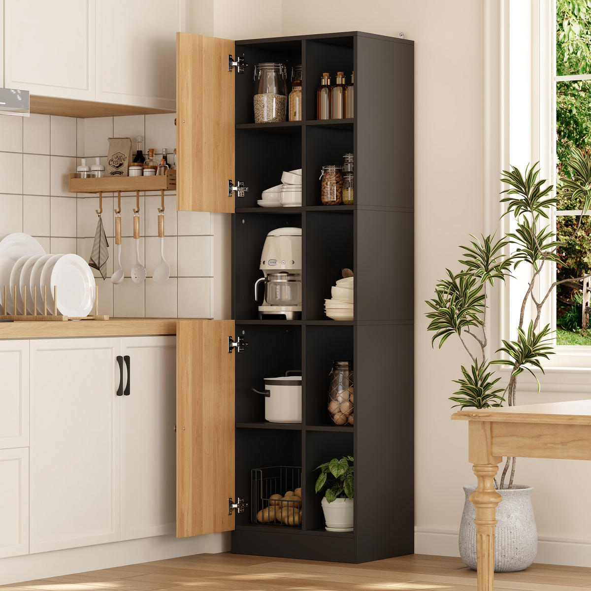 MEHRZWECKSCHRANK DE-38746 50/35,5/170 cm 6 offene Regale und 2 Türen Anthrazit - Schwarz, Holzwerkstoff (50/170/35.5cm) - ComfortXL