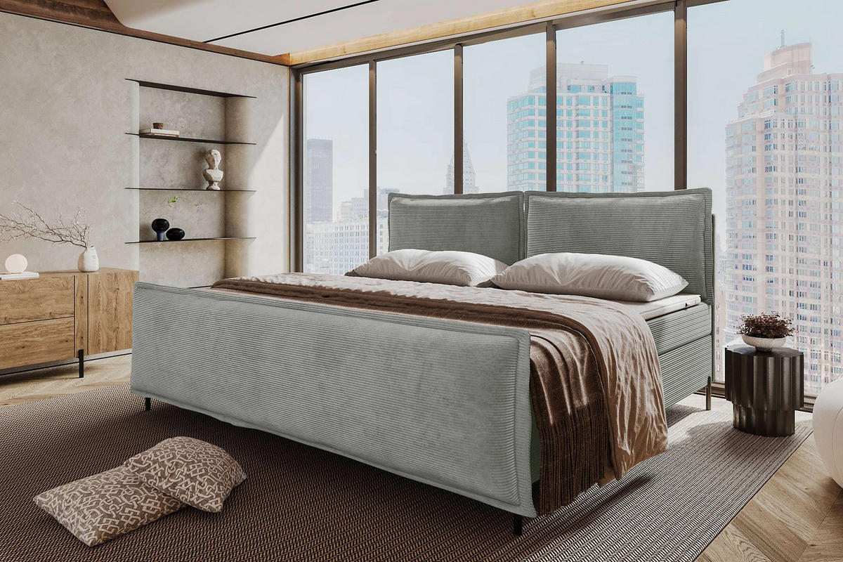 FAMILIENBETT BOXSPRINGBETT VERO PLUS Cordstoff Hellgrau 260/200 cm - Hellgrau/Schwarz, Holzwerkstoff/Textil (260/200cm) - 99rooms