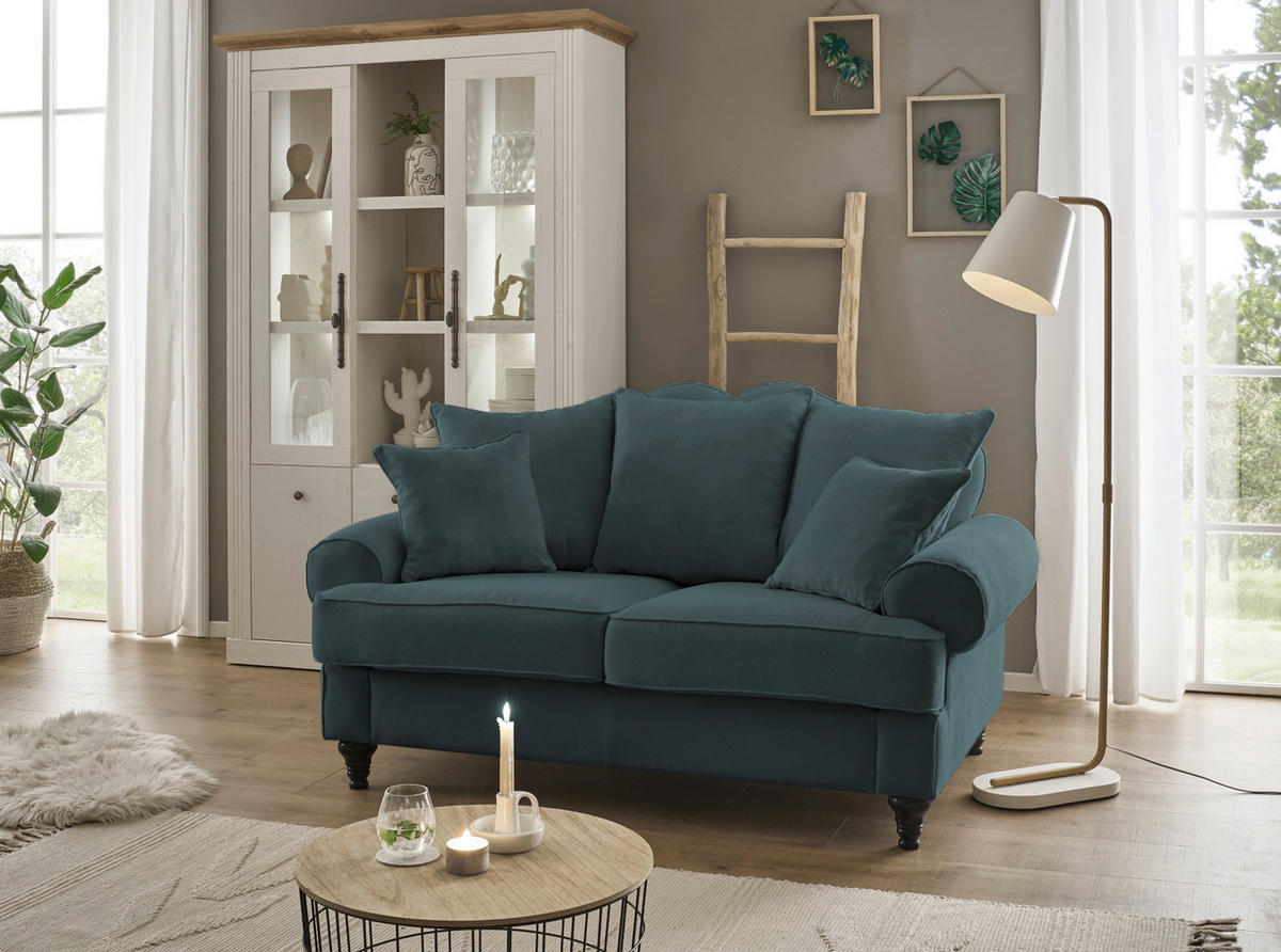 SOFA blaugrün Landhaus, Couch 2-Sitzer 170 cm - Dunkelgrün, Holz/Textil (170/95/100cm) - Furn.Design