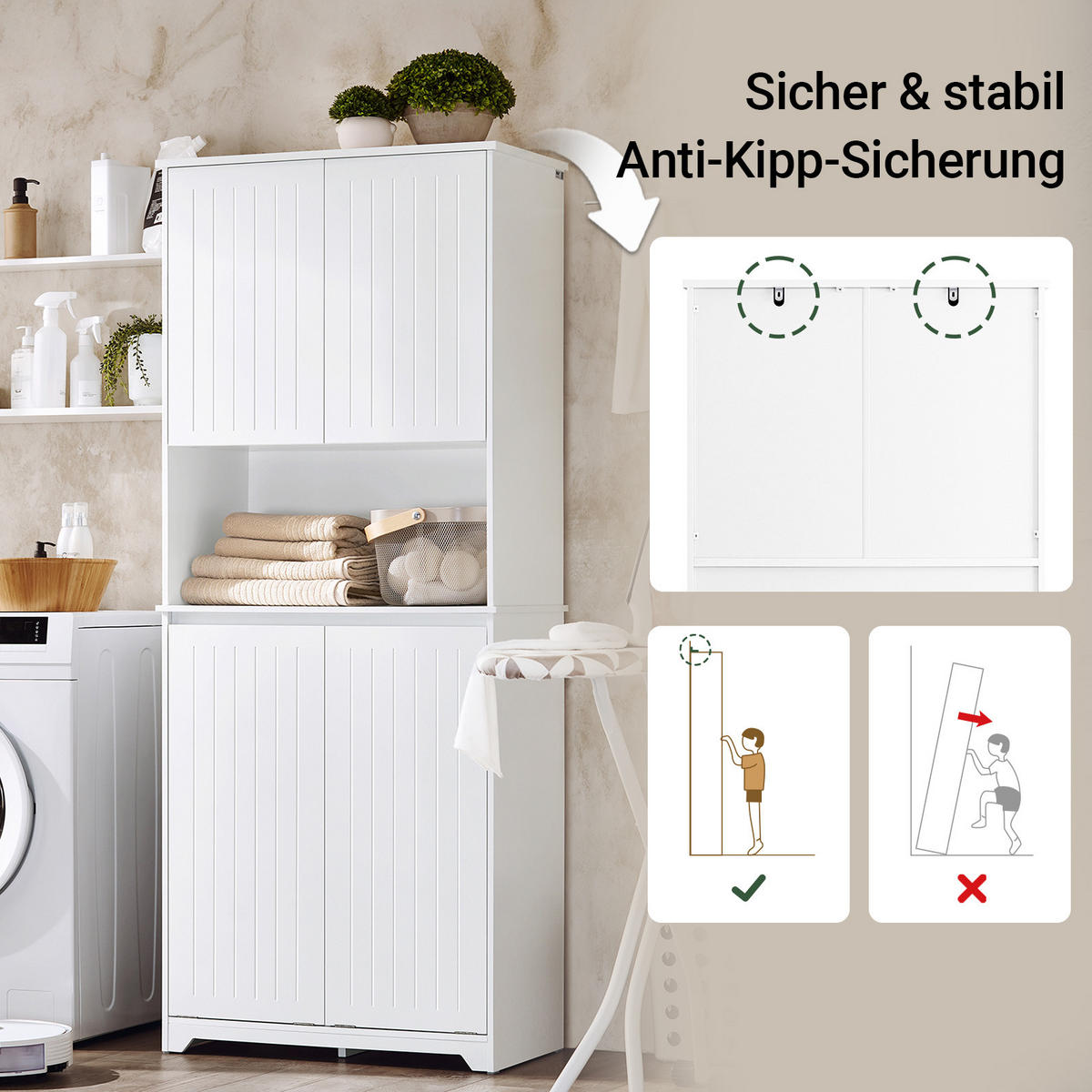HOCHSCHRANK mit Wäschesack, Badschrank, 70x170x37cm - Weiß, Holzwerkstoff (70/170/37cm) - SoBuy