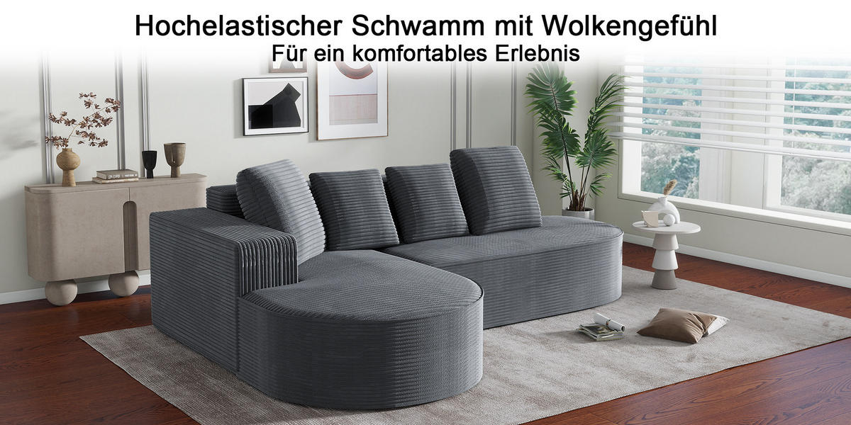 ECKSOFA Cord mit tiefer Sitzfläche, 4 Kissen 265/165/67 cm Grau - Grau, Textil (165/265cm) - Redom