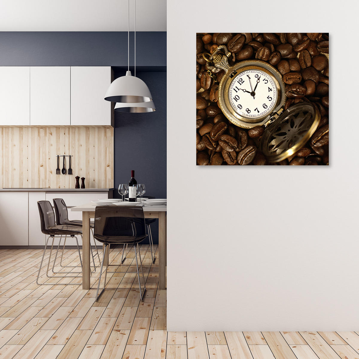 WANDBILD kaffeebohnen und uhr - Braun, Textil (50/50cm) - Feeby