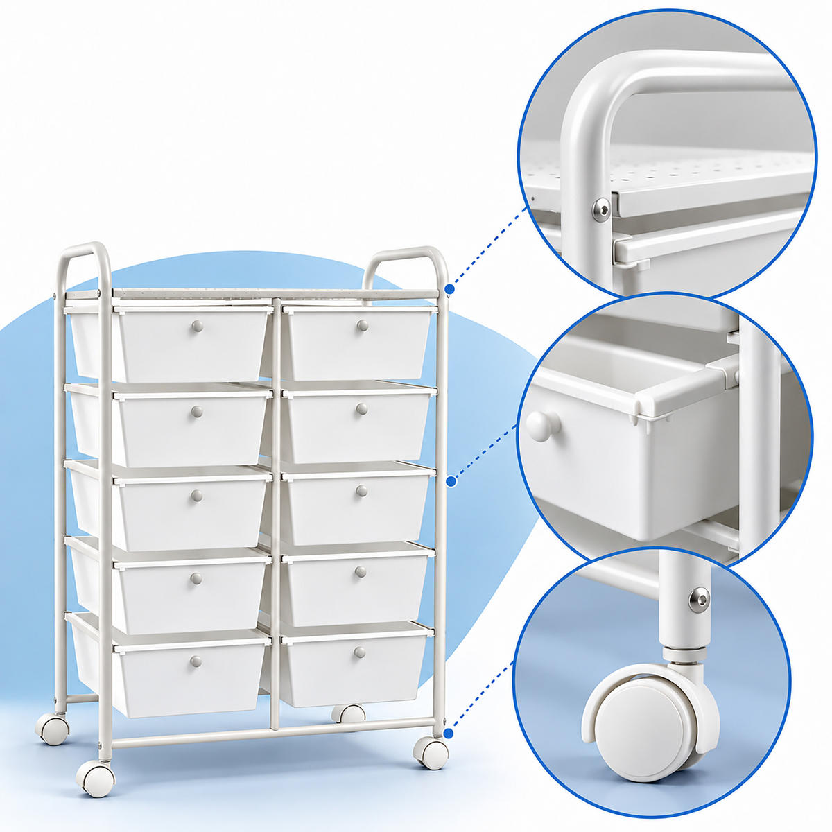 VOZÍK Bílý 10 zásuvek kov plast 96/65/38 cm - bílá, kov/plast (65/96/38cm) - Relaxdays