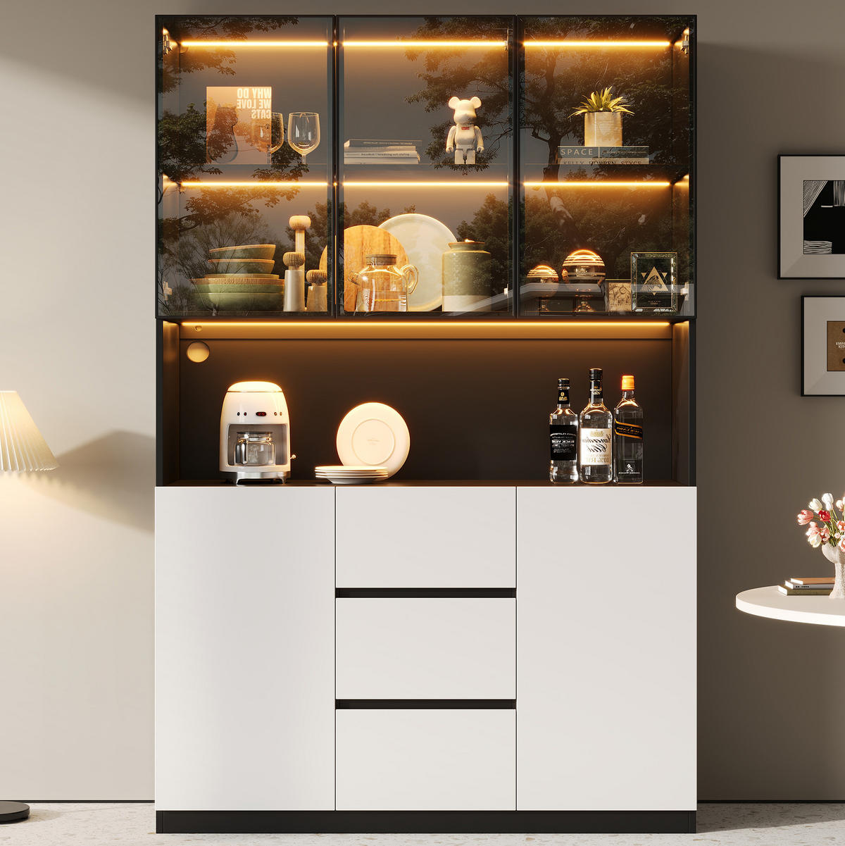 VITRINE aus MDF 120x40x200cm in Schwarz mit LED-Beleuchtung - Schwarz, Holzwerkstoff (120/200/40cm) - Modfu