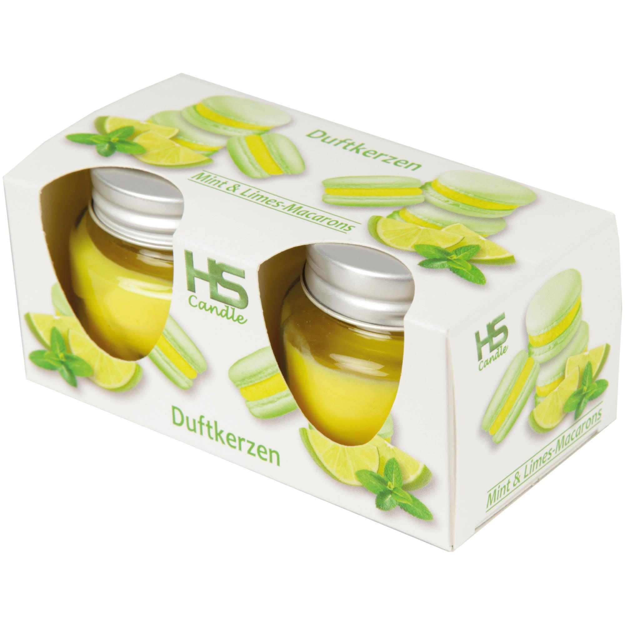 DUFTKERZE im Glas "Macaron Mint & Limes" mit Deckel, 2er Pack mit je ca. 7 Std. Brenndauer, Ø6cm , Raumduft als Geschenk und Dekoration - Mintgrün, Glas (6/5cm) - HS Candle