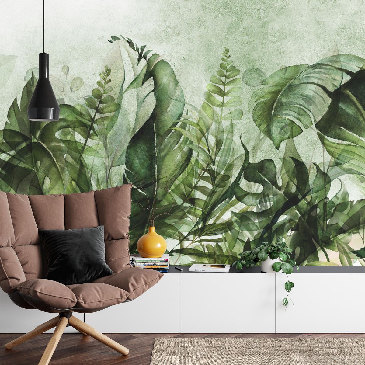 FOTOTAPETE für Wohnzimmer Grüne Blätter auf Beton 150x105 - Schwarz/Grün, Papier (150/105cm) - Muralo