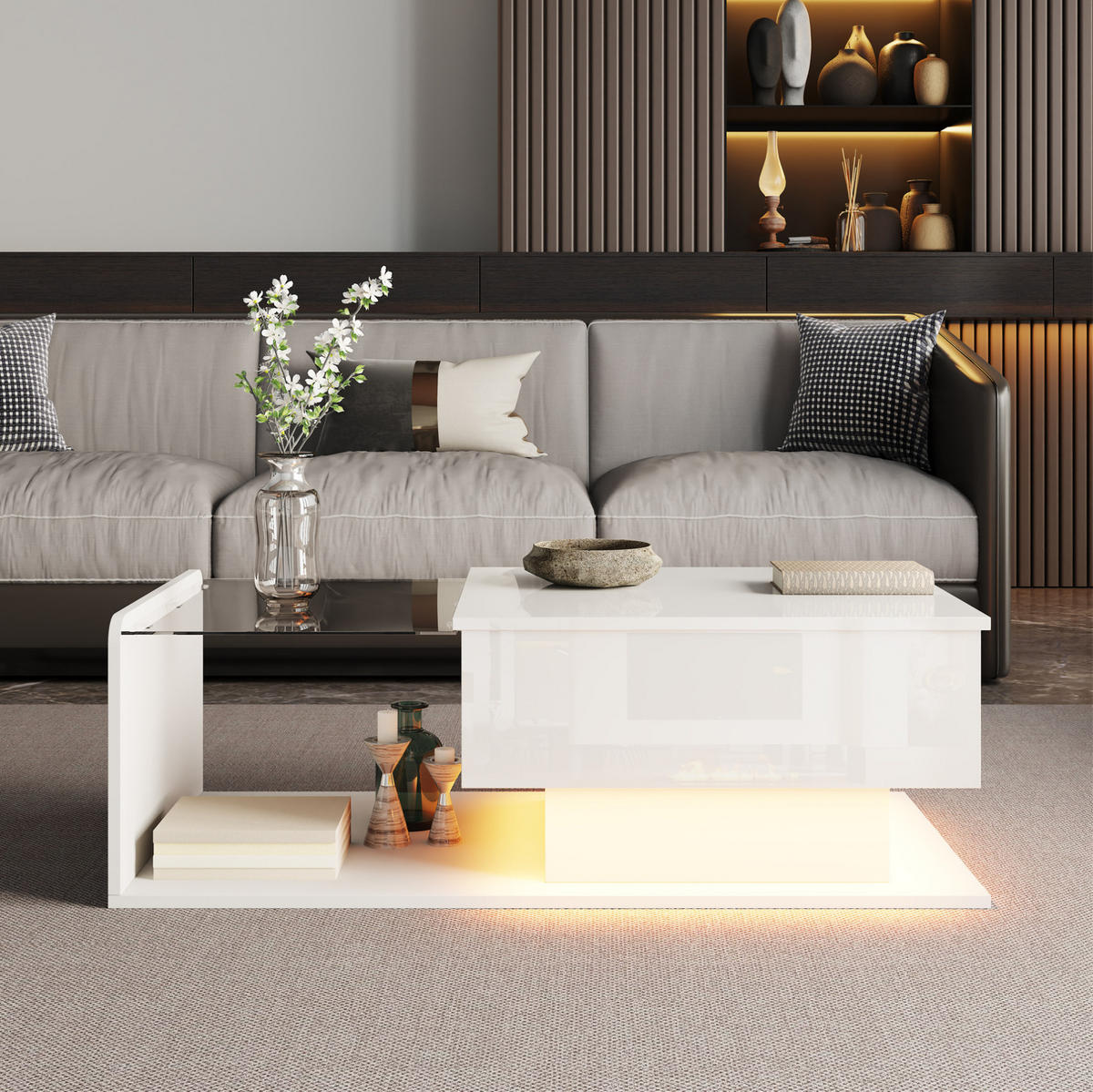 COUCHTISCH aus Spanplatte 100x50x33/47,5 cm in Weiß mit LED-Beleuchtung - Weiß, Holzwerkstoff (100/50/47.5cm) - Modfu