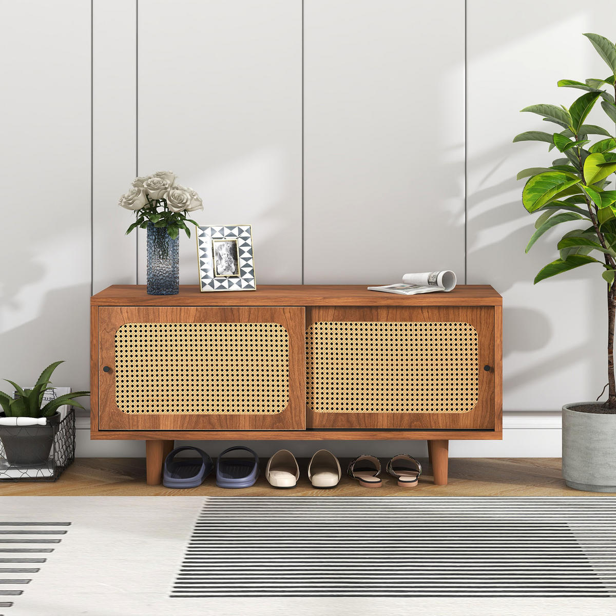 SCHUHSCHRANK 104/40/48 cm, Rattan-Türen, verstellbare Einlegeböden, Walnuss - Walnussfarben, Holzwerkstoff (104/48/40cm) - Redom