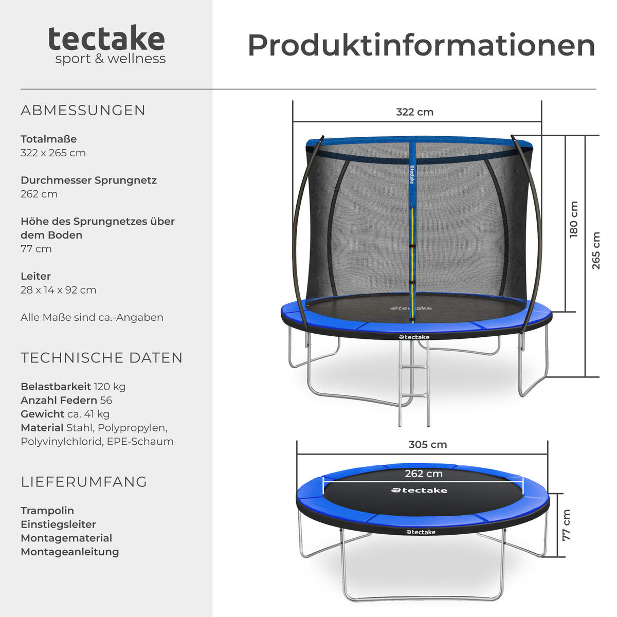 TRAMPOLIN Jumpy,inklusive Einstiegsleiter,schwarz/blau - Blau/Schwarz, Metall (322/265/322cm) - tectake
