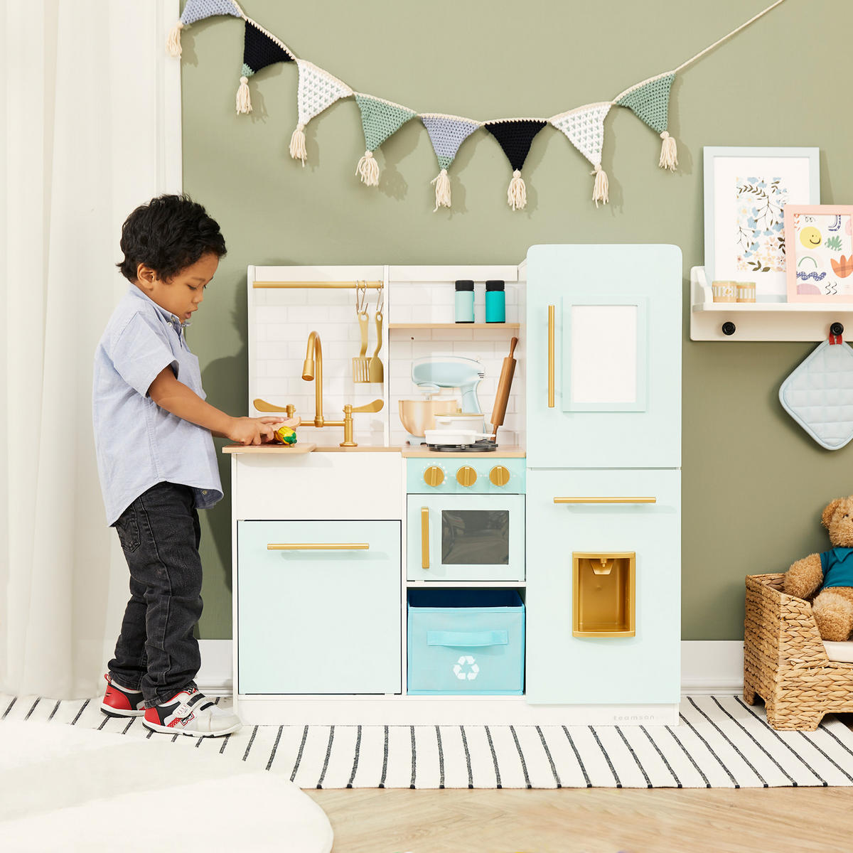 KINDERKÜCHE aus Holz, Minze, 90cm - Grün, Holz (85.1/30.5/90.2cm) - Teamson Kids
