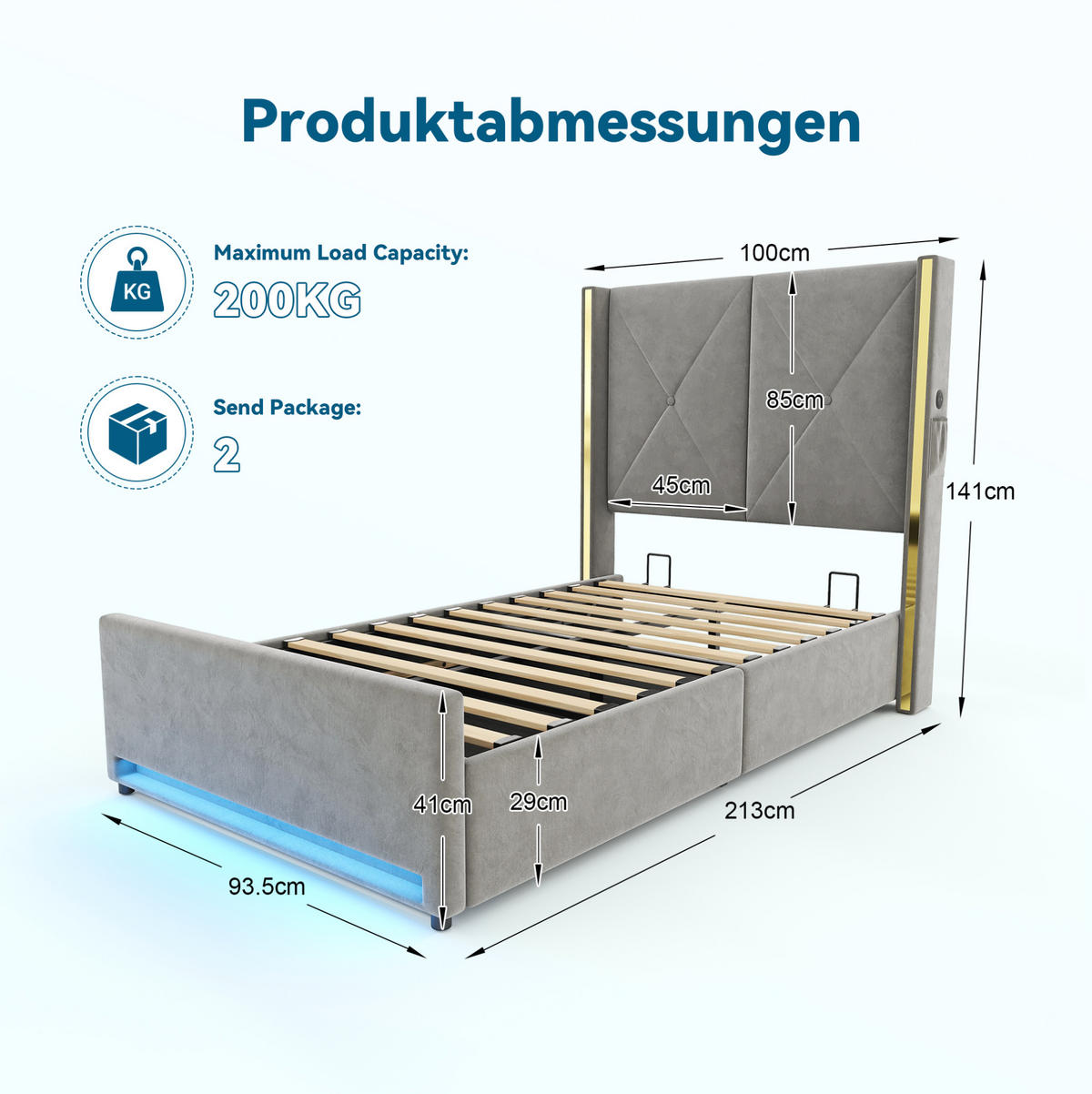 POLSTERBETT 90/200 cm mit USB, Type-C, LED und hydraulischem Bettkasten, Dunkelgrau - Dunkelgrau, Textil (90/200cm) - Redom