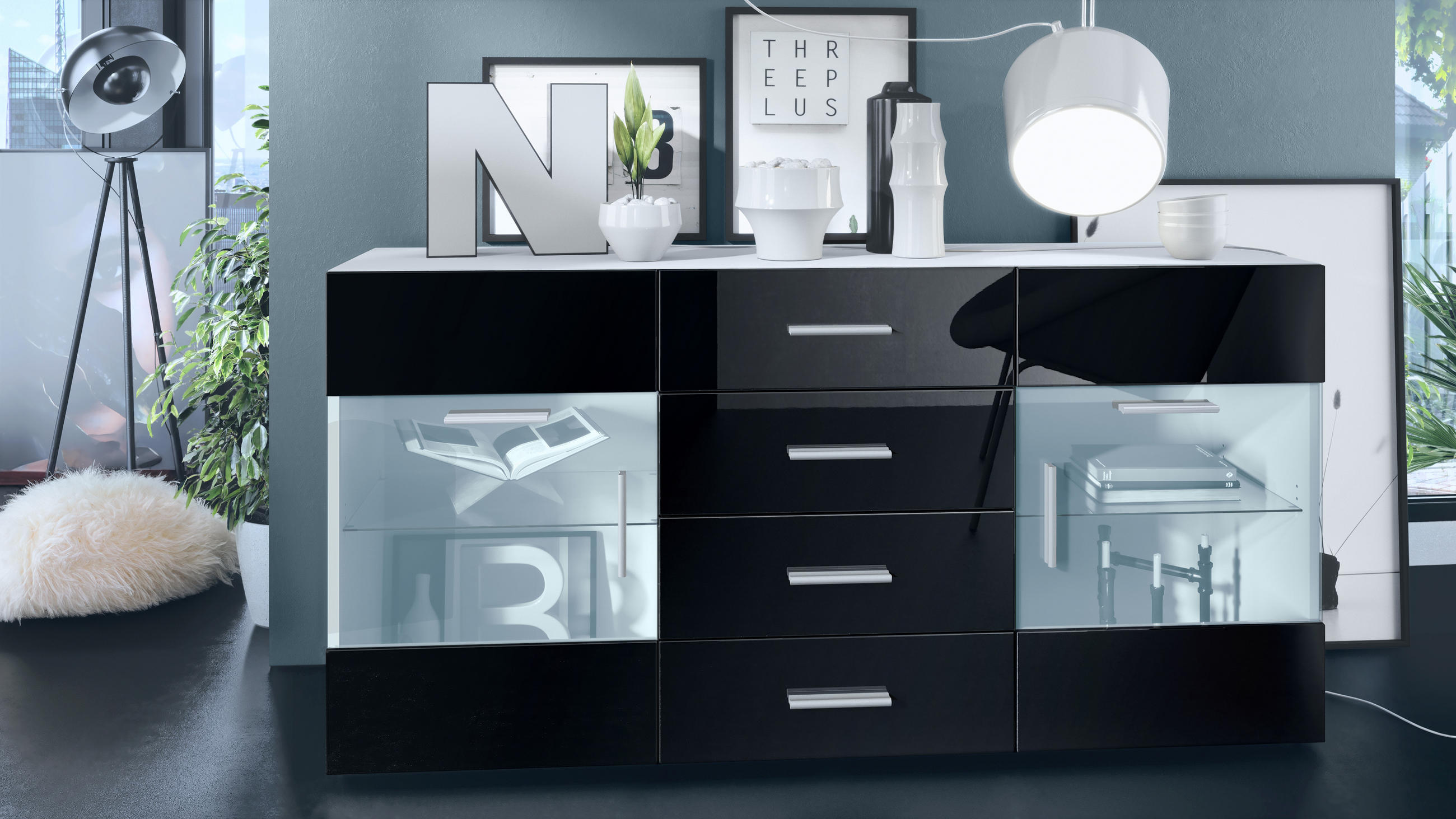 SIDEBOARD Carlos Schwarz Hochglanz - Schwarz Hochglanz, Holzwerkstoff (139/72/35cm) - Vladon