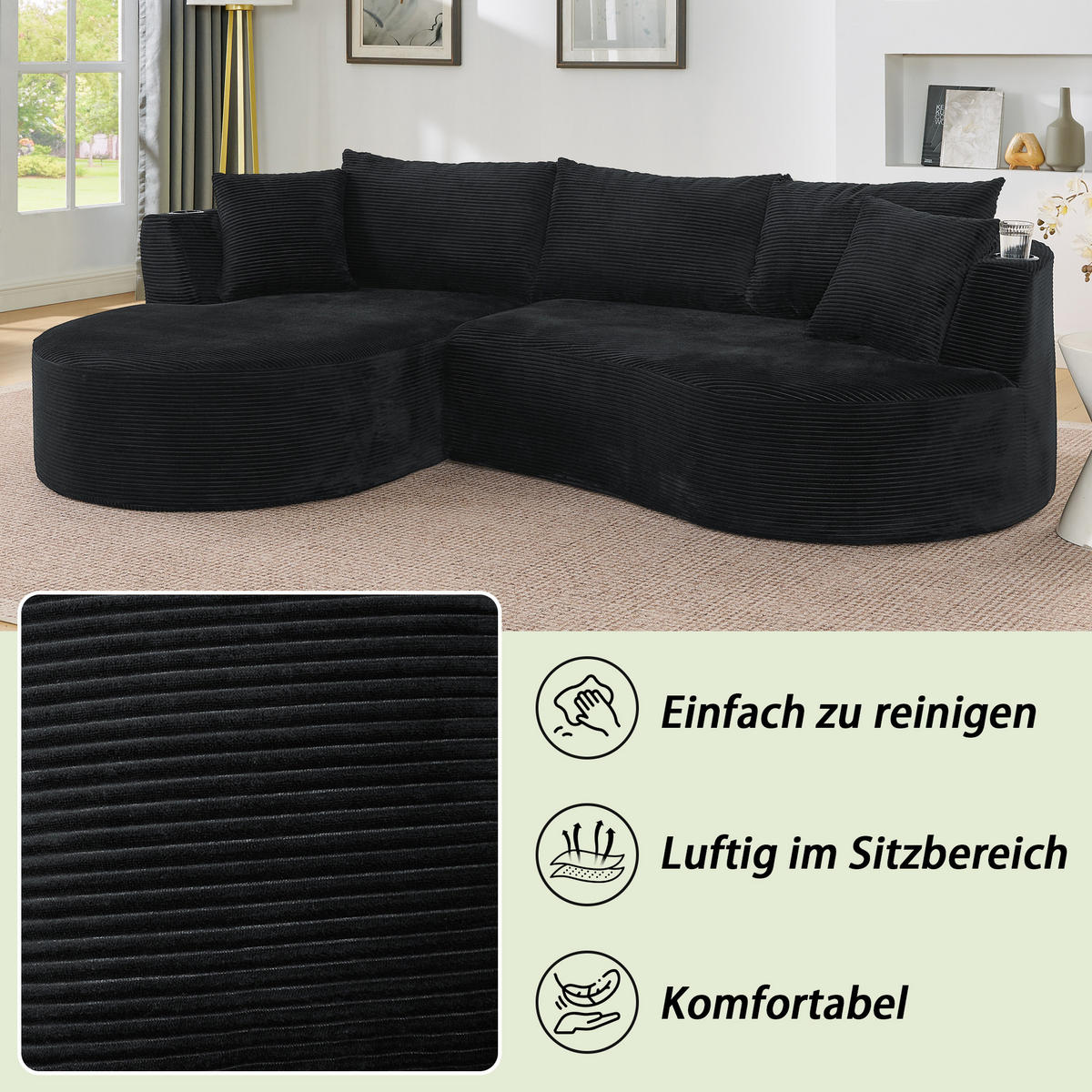 3-SITZER ECKSOFA Cord Schwarz mit Getränkehaltern und Kissen - Schwarz, Textil (264/168cm) - WISHDOR