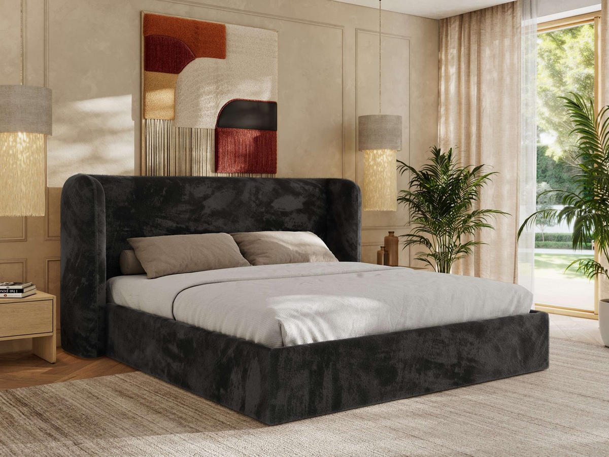 POLSTERBETT EMORA CLASSIC 180/200 - Dunkelgrau Plüsch - Schaum-Matratze - Dunkelgrau, Textil (180/200cm) - MKS