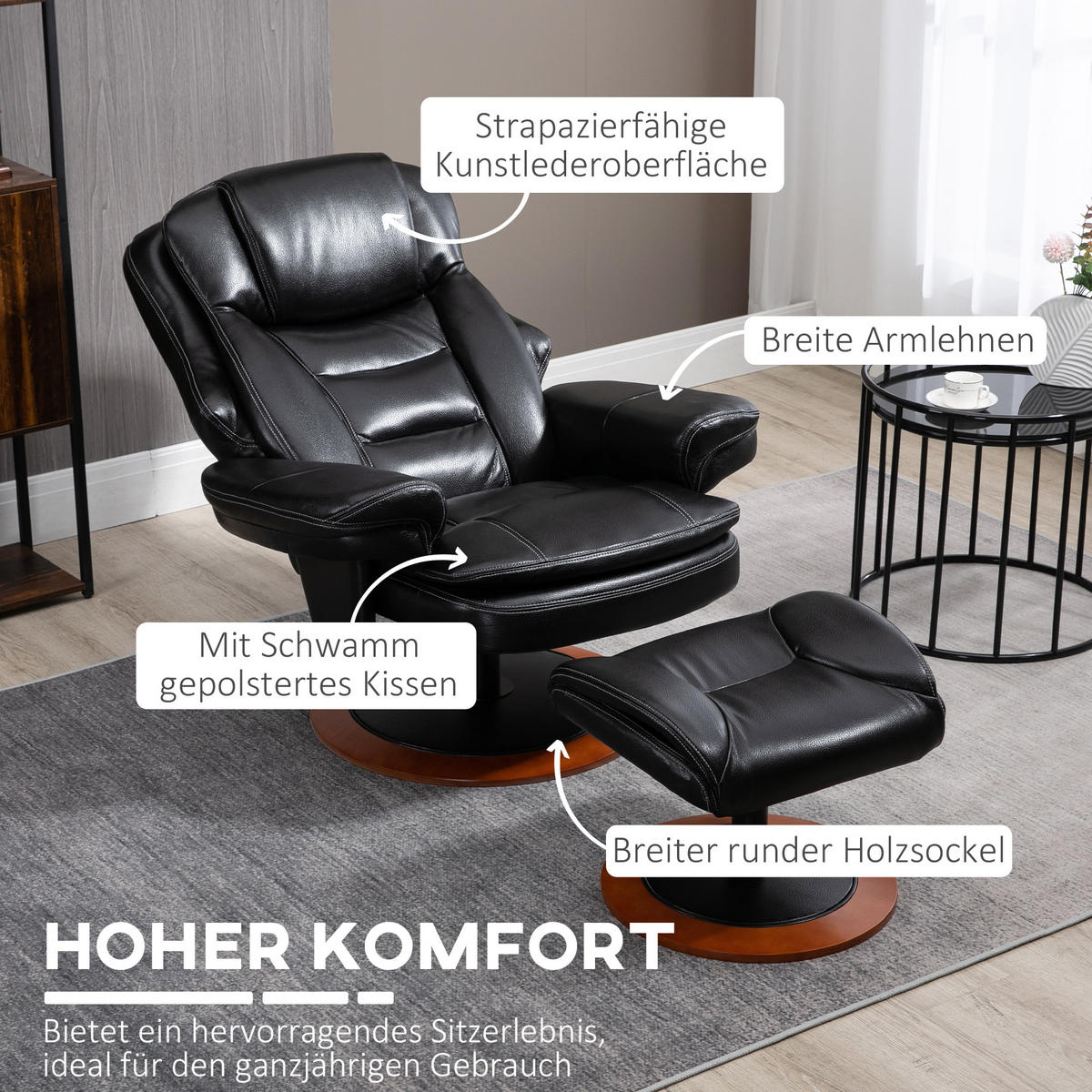 RELAXSESSEL, Fernsehsessel, Schwarz - Schwarz, Leder (97/104/94cm) - HOMCOM