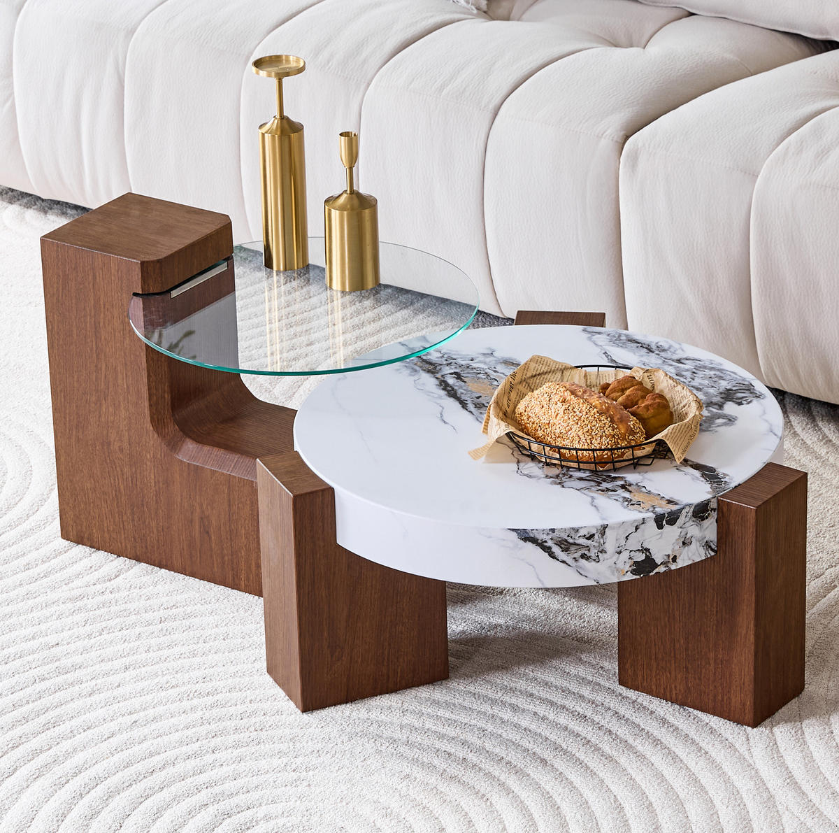 COUCHTISCH 2er-Set rund Glas MDF in Nussbaumoptik Weiß - Weiß, Glas (61/61/30cm) - Meubliv