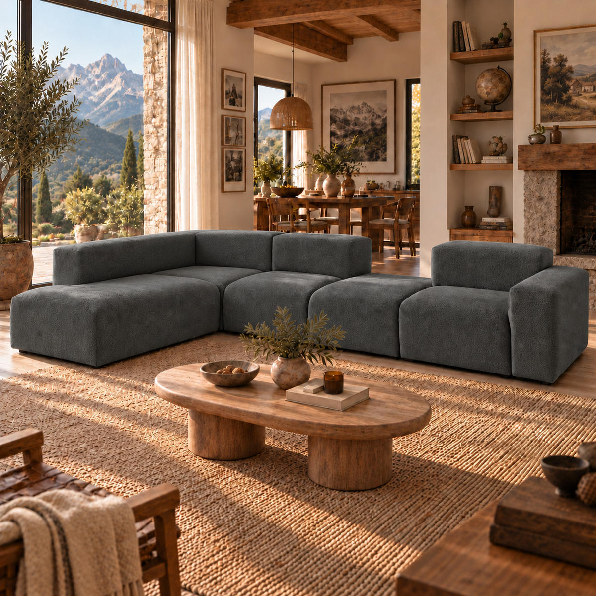5-SITZER modulares Ecksofa HEAVEN SET 5 Links, Breite 380 cm Webstoff Dunkelgrau - Dunkelgrau/Schwarz, Holz/Kunststoff (380/245cm) - Muffo