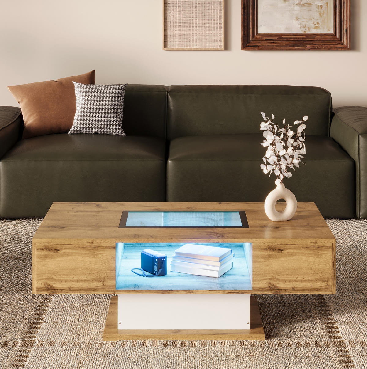 COUCHTISCH aus Spanplatte mit Glas 110,2x60x39,7 cm Natur/Weiß/Schwarz mit 2 Schubladen und LED-Beleuchtung - Naturfarben, Holzwerkstoff (110.2/60/39.7cm) - Modfu