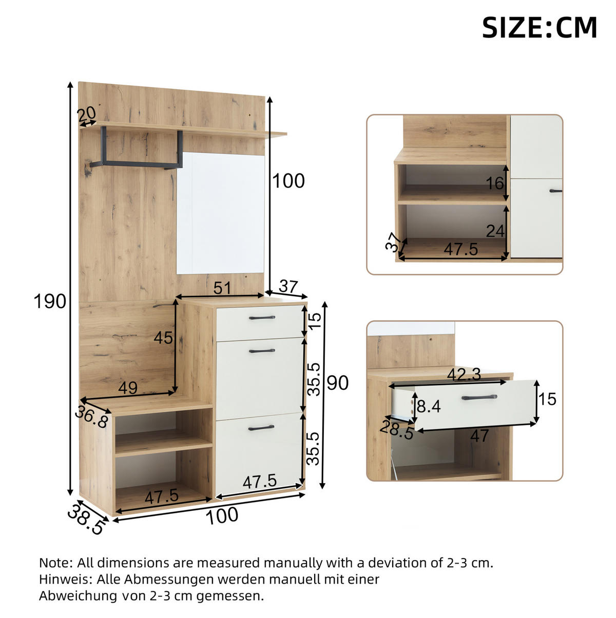 GARDEROBENSET mit Spiegel und Schuhbank 100 x 38,5 x 190 cm Weiß/Natur - Weiß, Holzwerkstoff (38.5/190/100cm) - Beauniv