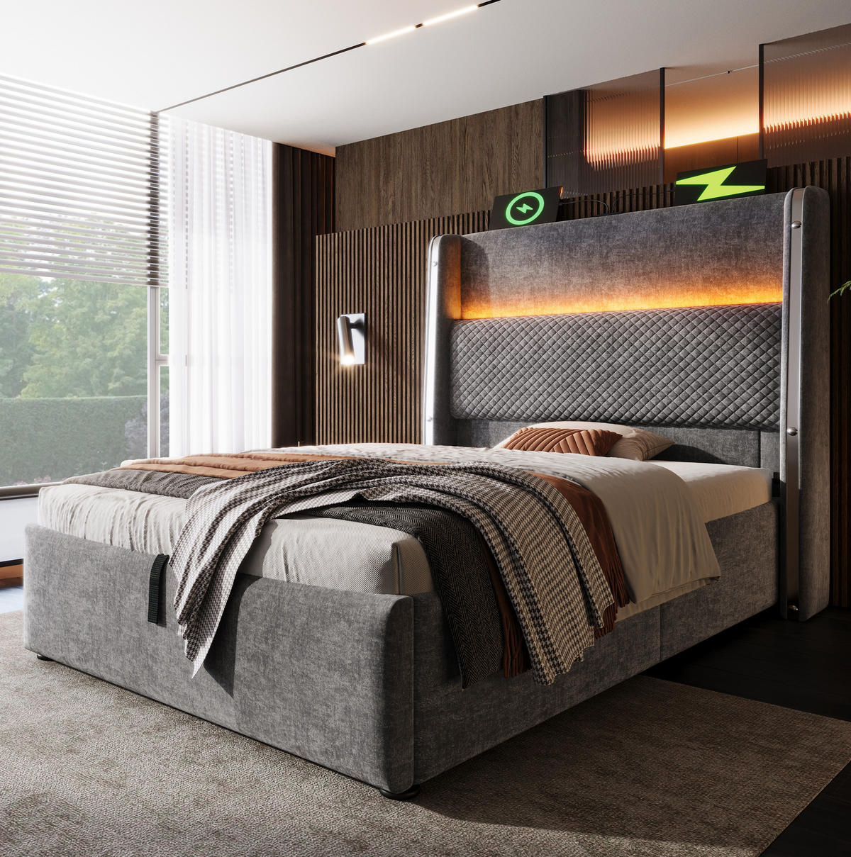 POSTEL s matrací 90/200 cm šedá z lnu s LED osvětlením, úložným prostorem a USB/Type-C - šedá, textil (90/200cm) - OKWISH