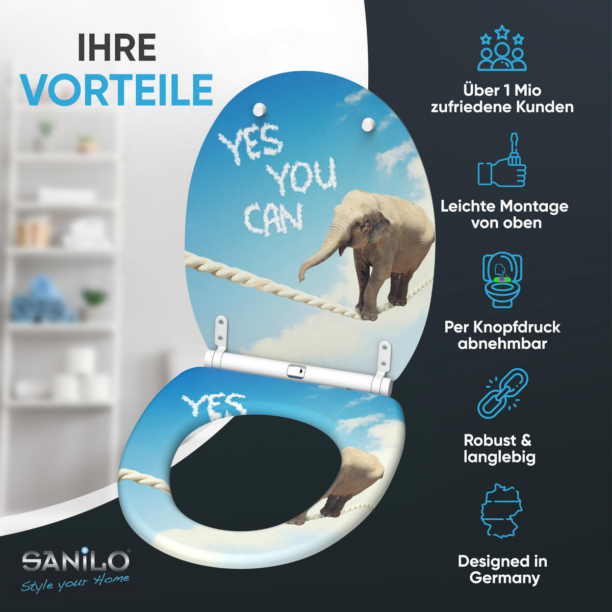 WC-SITZ mit Absenkautomatik & Top Fix Yes you can - Blau, Holzwerkstoff (37.7/5.5/48cm) - Sanilo