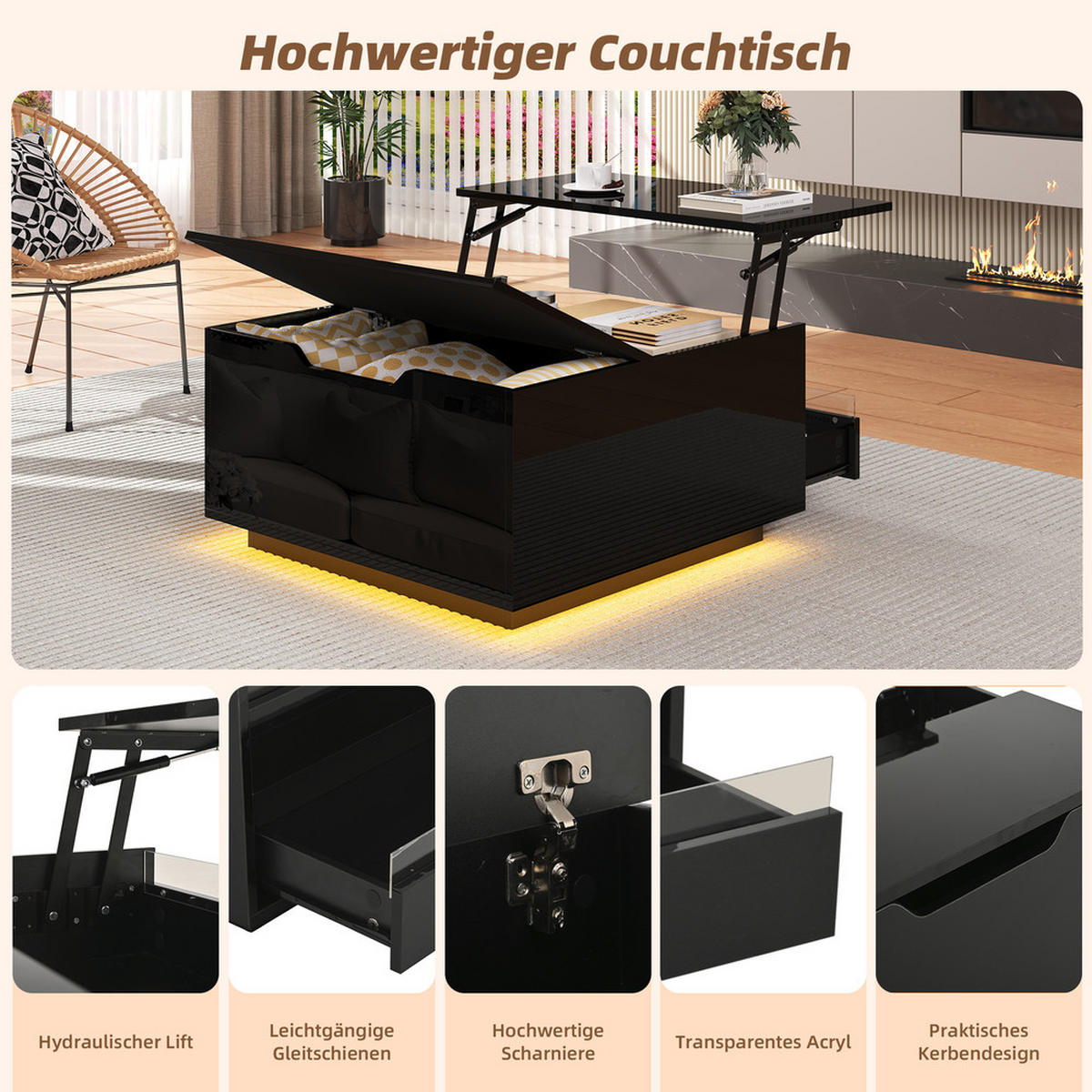 COUCHTISCH 70x70cm Schwarz Anhebbar LED Hochglanz Schublade Stauraum - Schwarz, Holz (94.67/46.46/19.13cm) - FLIEKS