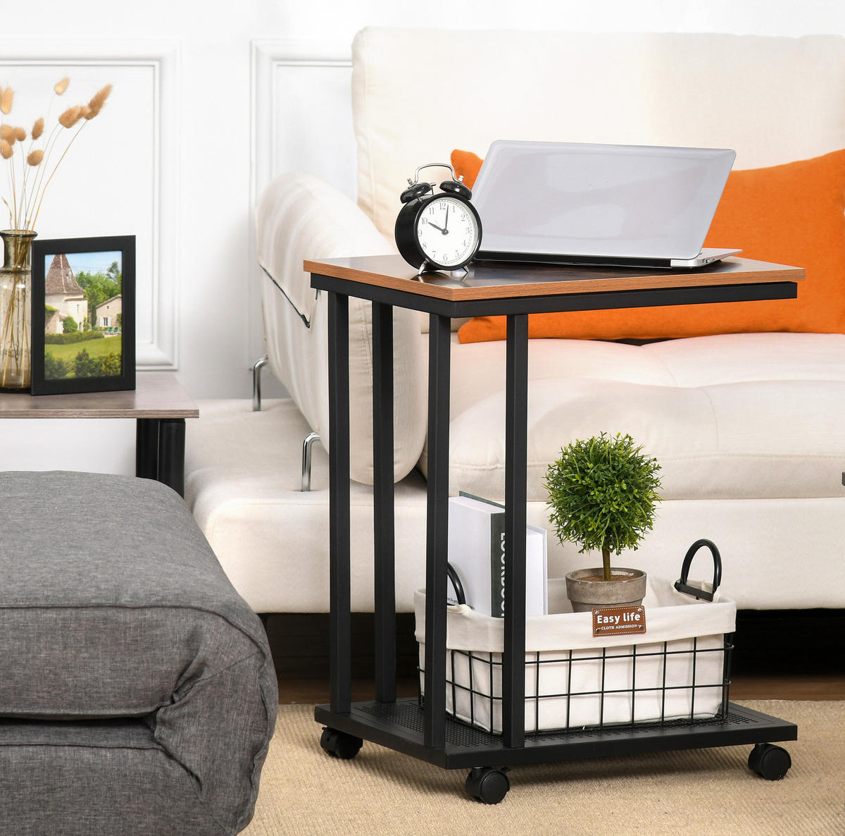 BEISTELLTISCH 51/36/65 cm mit Rollen und C-Form aus MDF und Stahl im Retro-Look, Schwarz - Schwarz, Holzwerkstoff (51/36/65cm) - Redom