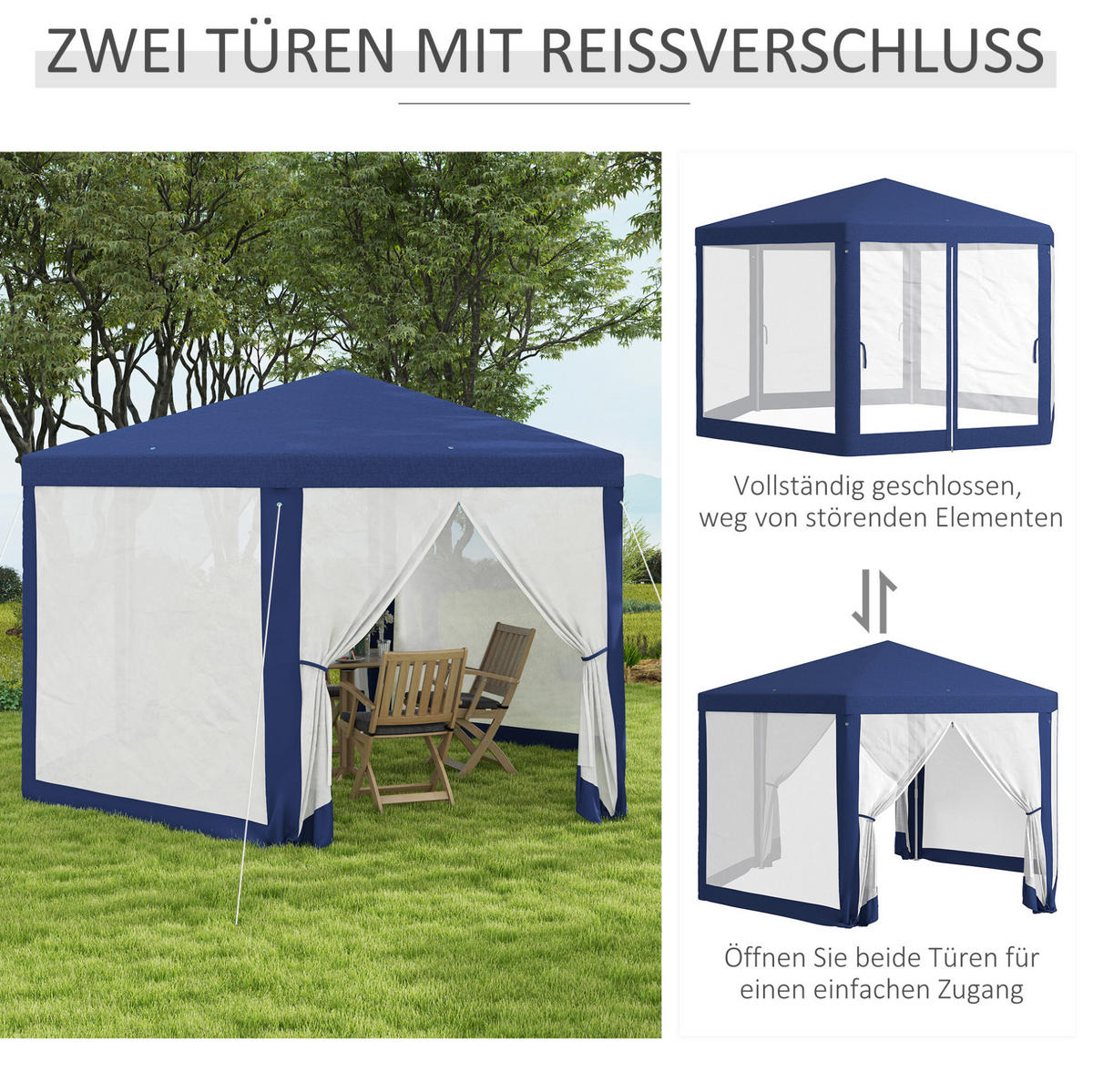 GARTENPAVILLON 394/341,2/250 cm mit wasserabweisendem Polyesterdach und Netzvorhängen, Blau - Blau, Textil (341.2/250/394cm) - Redom