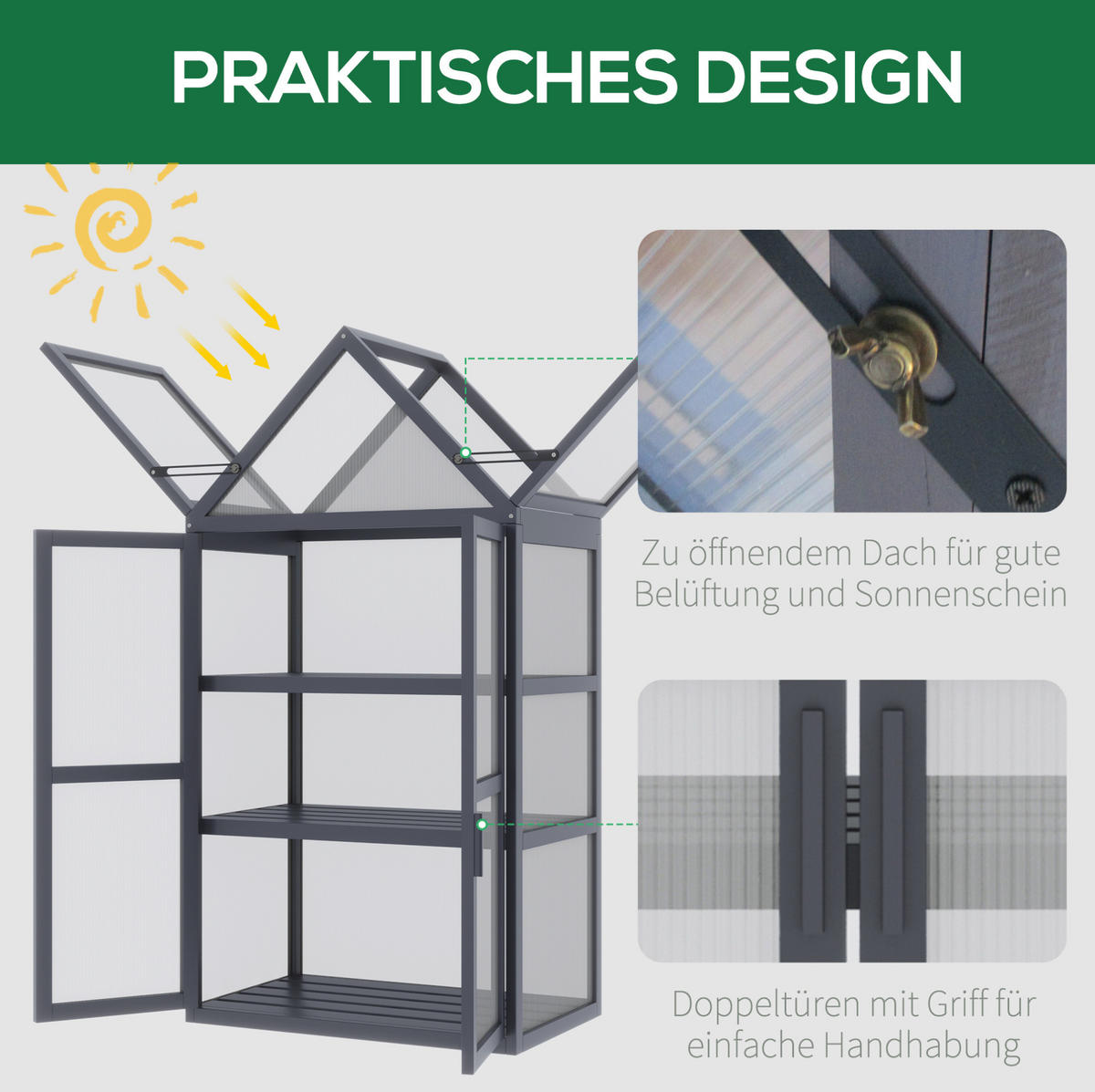 GEWÄCHSHAUS 70.5/132/42 cm Grau aus Holz mit 3 Regalböden - Grau, Holz (42/132/70.5cm) - OKMYHOME