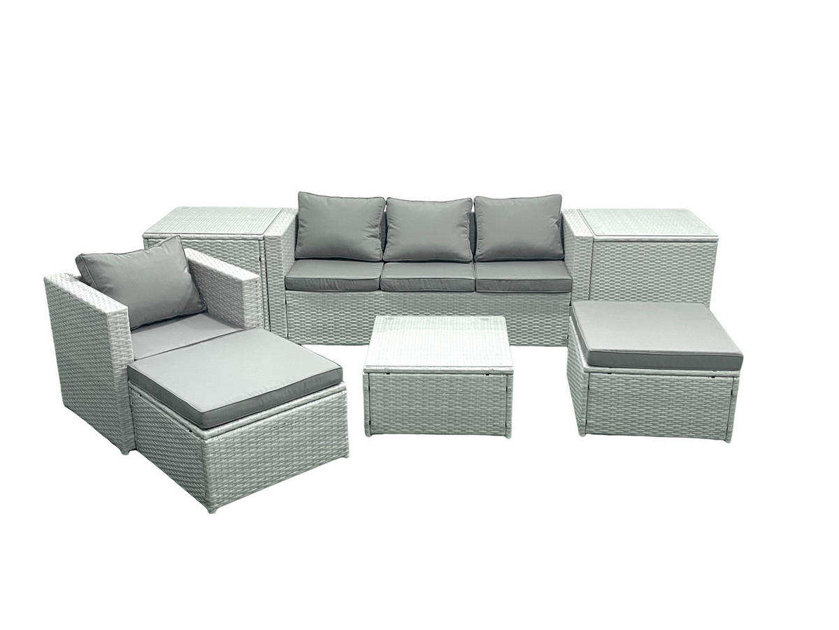 GARTENMÖBELSET mit 3-SITZER SOFA,COUCHTISCH Polyrattan Hellgrau-Mix 6-Sitzer - Hellgrau/Grau, Glas/Kunststoff - Fimous
