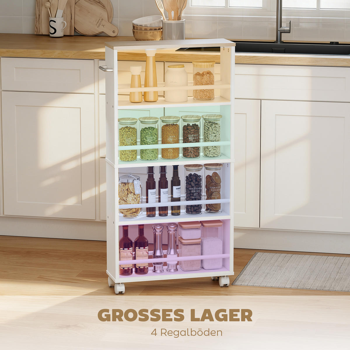 ROLLWAGEN, Schmaler Servierwagen mit 4 Etagen, Griffe, für Küche, Natur - Silberfarben/Naturfarben, Holzwerkstoff/Metall (15/91/45cm) - HOMCOM