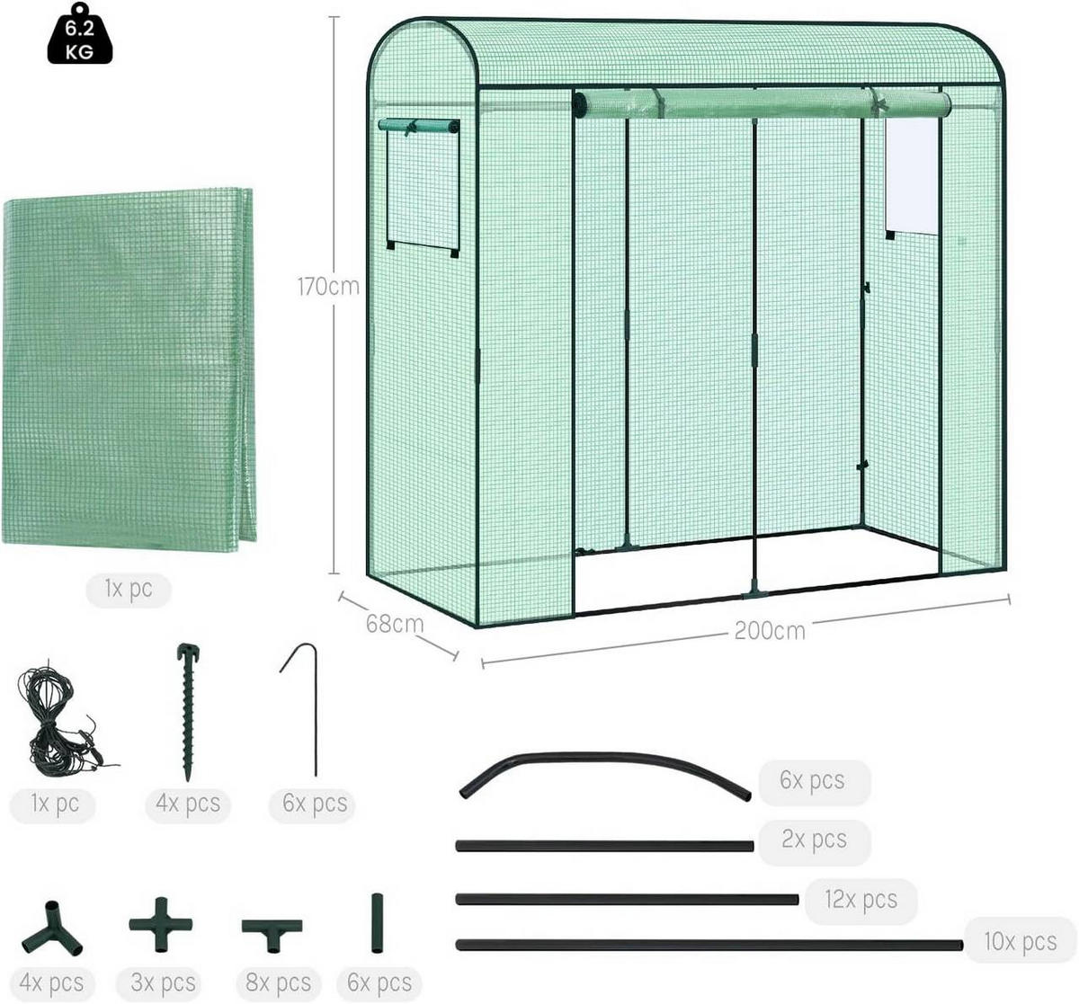 GEWÄCHSHAUS Winterfest, 200x68x170cm, Grün - Grün, Textil/Metall (200/170/68cm) - Woltu