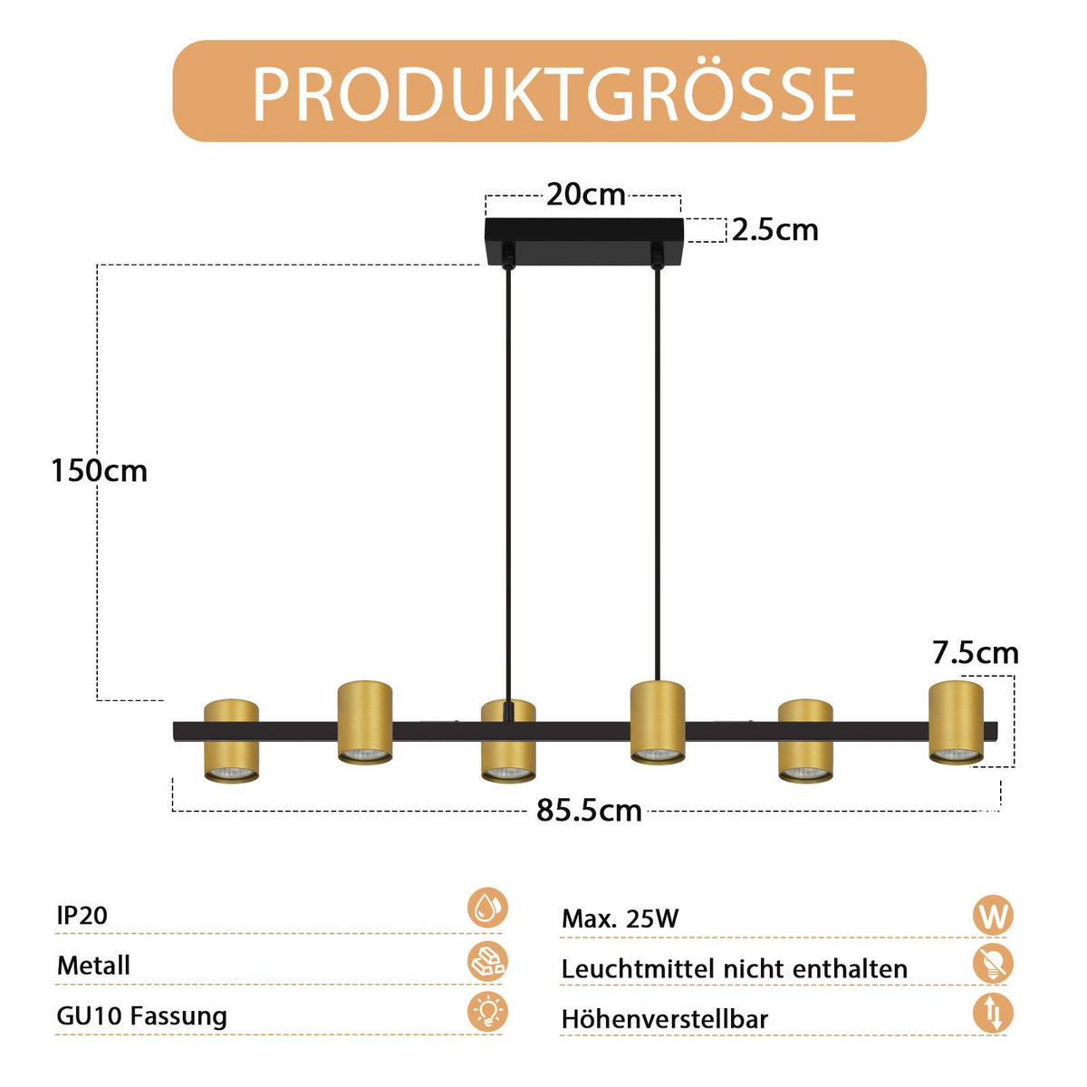 LED HÄNGELEUCHTE FRANZISKa II 85/12/155 cm - Goldfarben, Metall (85/12/155cm) - Nettlife