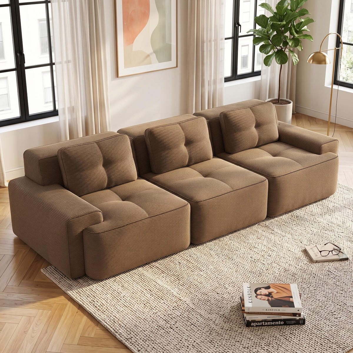 3-SITZER SOFA Modulares Boneless Cloud-Sofa Cord Braun Tiefsitz - Braun, Textil (293/69/104cm) - Urban Meuble
