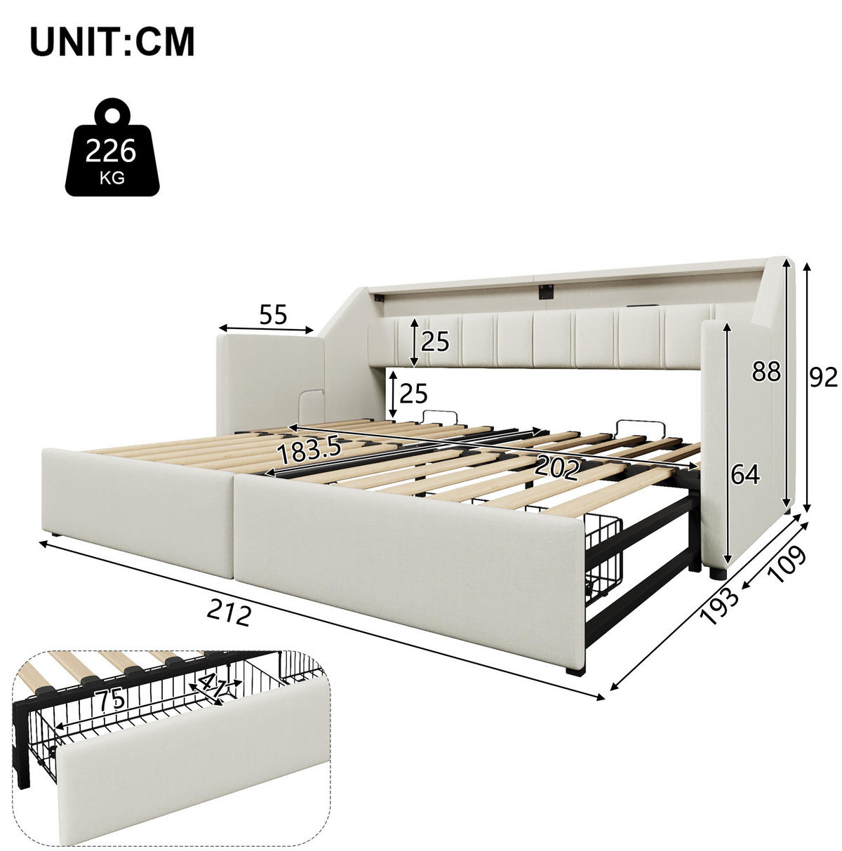TAGESBETT 90/200 cm mit Ausziehfunktion zu 180/200 cm, USB, Type-C, LED und 2 Schubladen, Beige - Beige, Textil (90/200cm) - Redom