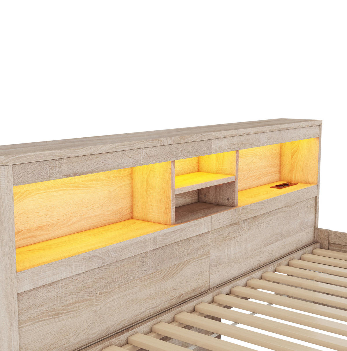 POLSTERBETT aus Spanplatte & MDF 90x200 cm in Natur mit LED & USB-Ladebuchsen - Naturfarben, Holzwerkstoff (90/200cm) - Modfu