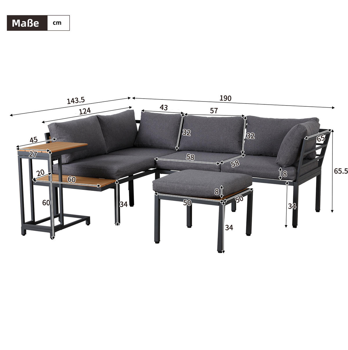 LOUNGEGARNITUR 190/143/65 cm grau/schwarz aus Stahl und Polyester mit Ottoman-Funktion - Grau, Metall - OKWISH