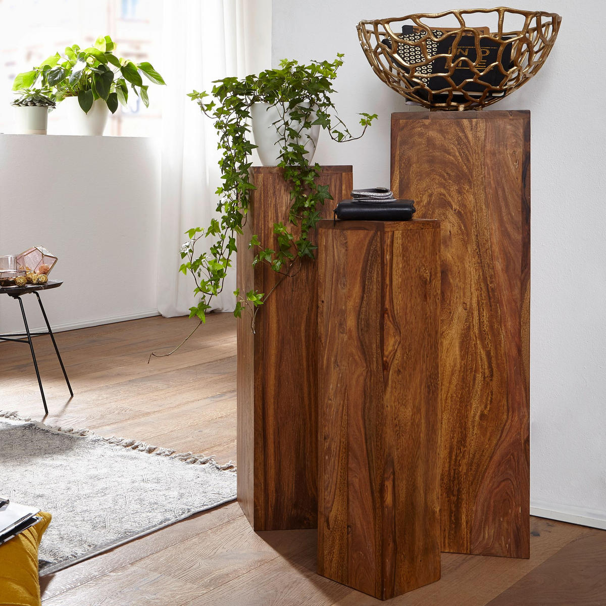 BEISTELLTISCH 3er Set Massivholz Ineinander Verstaubar Einzigartige Maserung, Braun 24x24x85 cm - Braun, Holz (24/24/85cm) - KADIMA DESIGN
