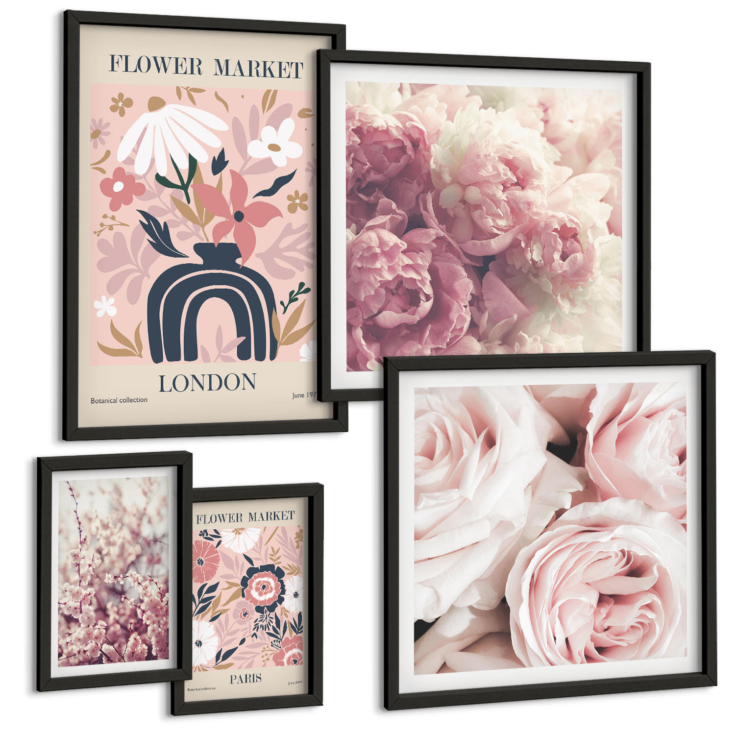 BILDER SET 5er Set - 50x50 cm & 20x30 cm & 40x60 cm Schwarzer Rahmen - Blumenmuster aus europäischen Städten - Schwarz, Kunststoff (40/60cm) - TULUP