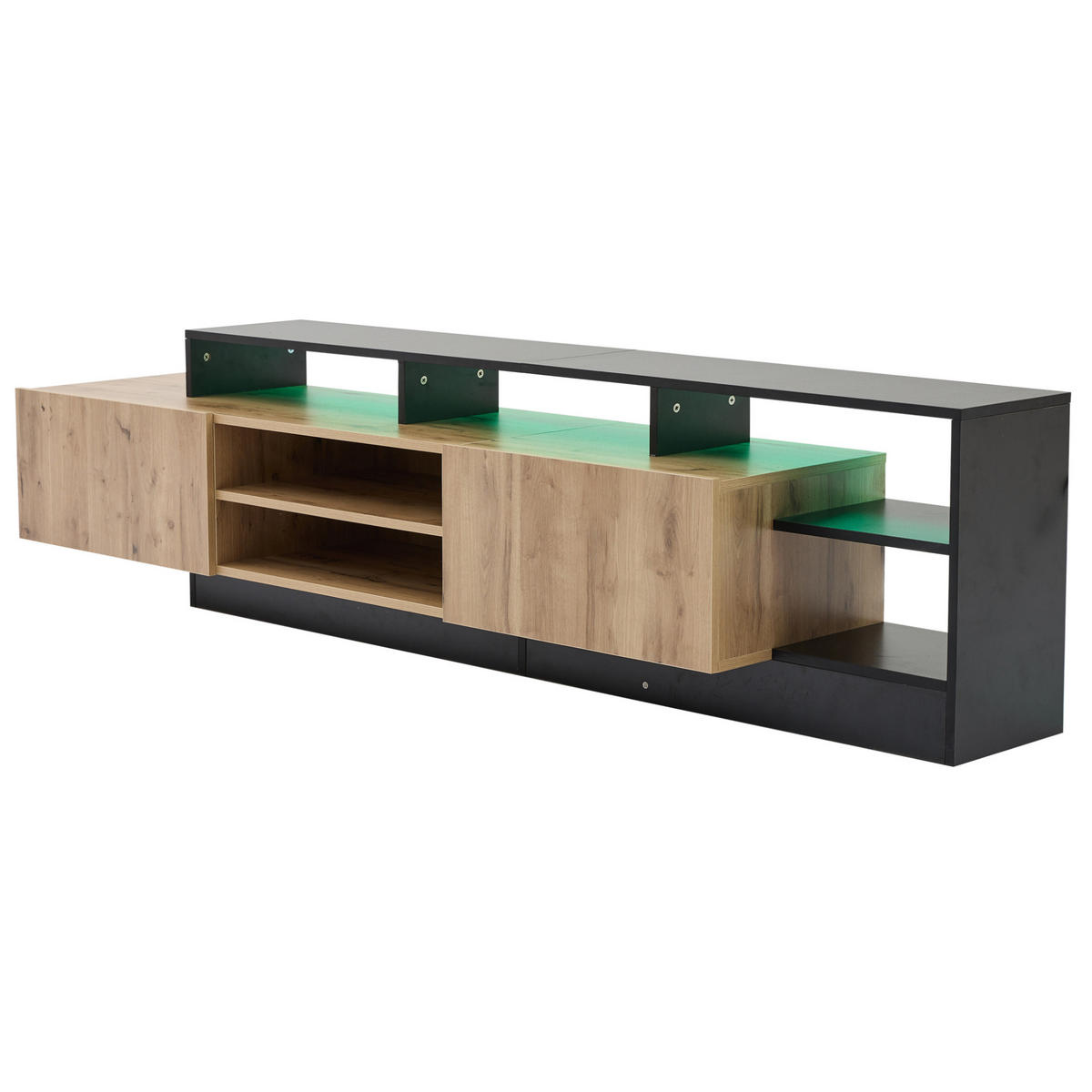 TV ormarić 190/40/48,5 cm crni i hrast od iverice s LED rasvjetom i otvorenim pretincima - crna, drvni materijal (190/48.5/40cm) - OKWISH
