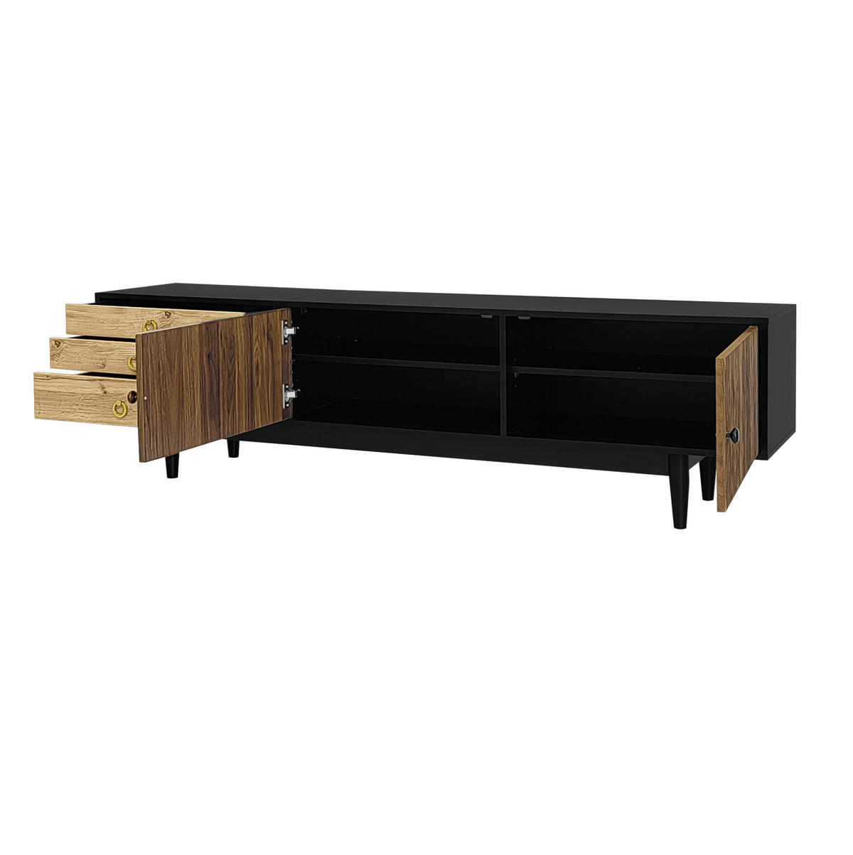 TV-LOWBOARD aus MDF und Spanplatte 180x38x50 cm Schwarz/Natur mit 2 Türen, 3 Schubladen und Wellenmuster - Schwarz, Holzwerkstoff (180/38/50cm) - Modfu