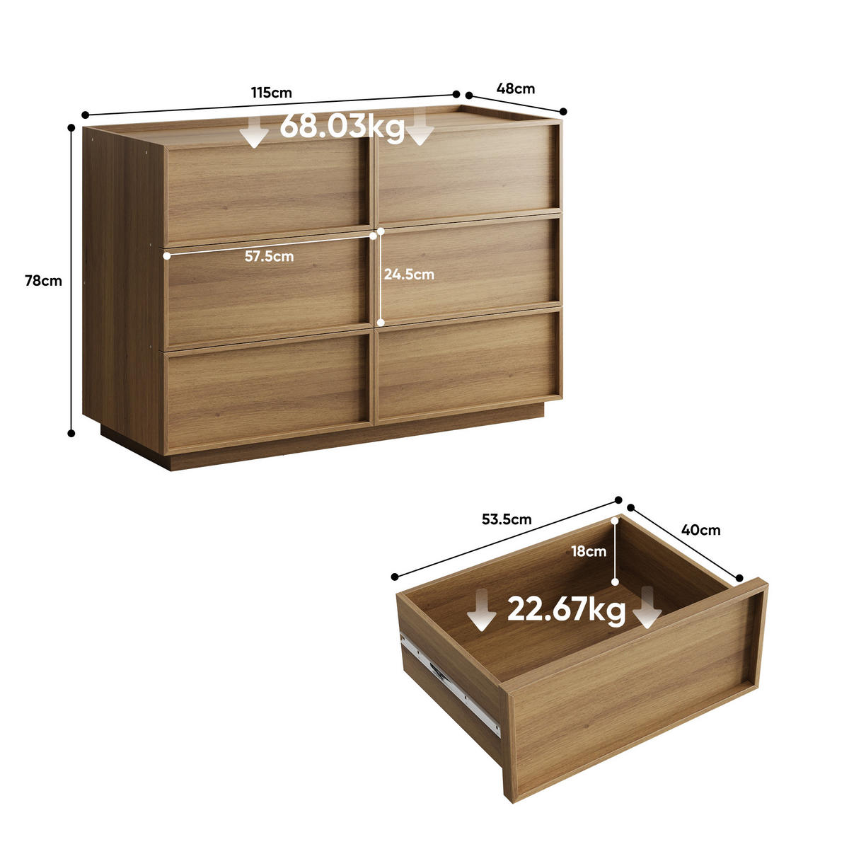 SIDEBOARD Holz Kommode mit 6 Schubladen, Eiche 115x48x78 cm - Eichefarben, Holzwerkstoff (115/78/48cm) - Urban Meuble